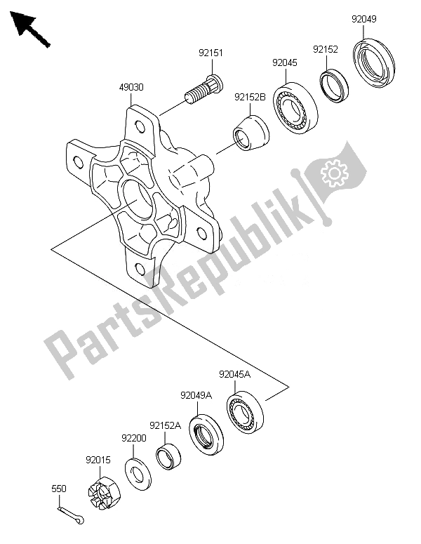 All parts for the Front Hub of the Kawasaki KFX 450R 2014