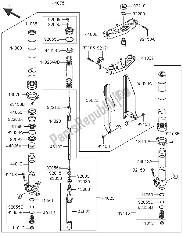 All parts for the Front Fork of the Kawasaki KX 125 2005