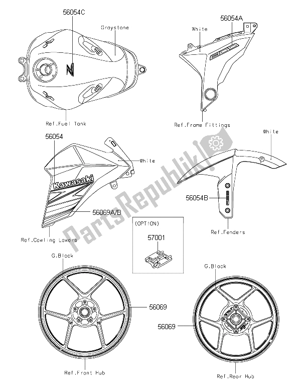 All parts for the Decals (white) of the Kawasaki Z 800 ABS 2015