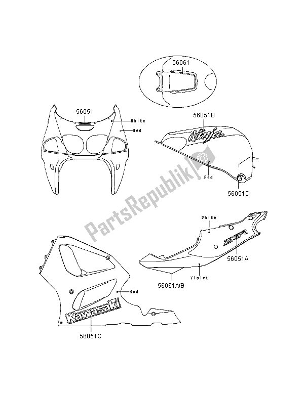 All parts for the Decals (red-violet) of the Kawasaki Ninja ZX 7R 750 1996