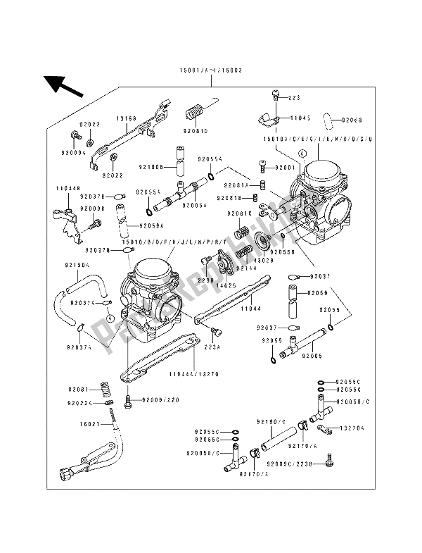 Alle onderdelen voor de Carburator van de Kawasaki KLE 500 1994