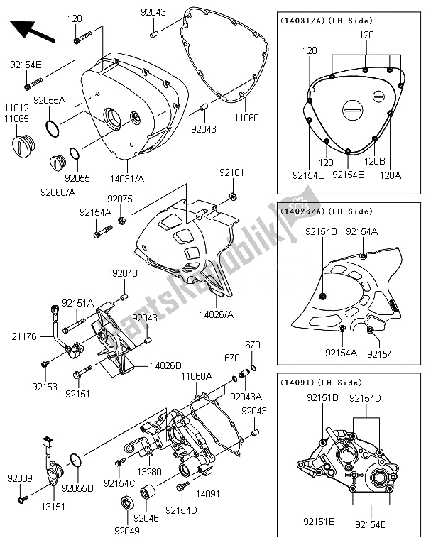 Alle onderdelen voor de Linker Motorkap (pen) van de Kawasaki W 800 2014