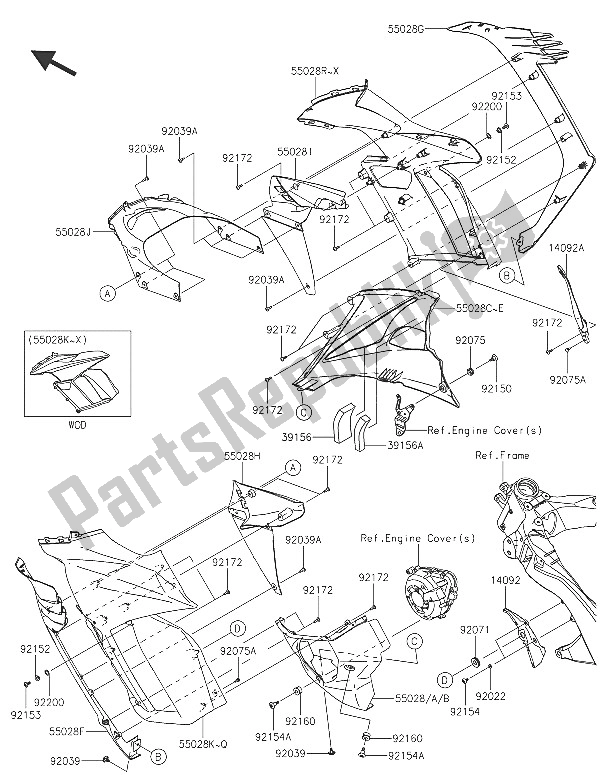 All parts for the Cowling (center) of the Kawasaki Z 1000 SX ABS 2016