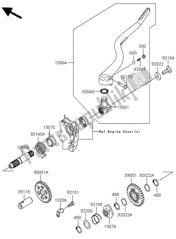 Alle onderdelen voor de Kickstarter-mechanisme van de Kawasaki KX 250F 2011