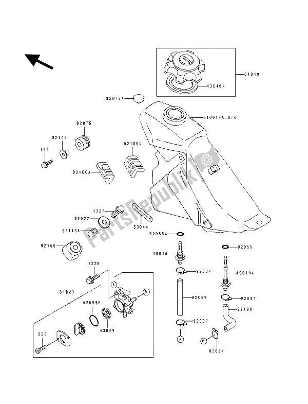 All parts for the Fuel Tank of the Kawasaki KLX 250 1993