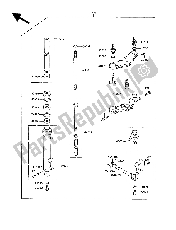 All parts for the Front Fork of the Kawasaki KR 1 250 1989