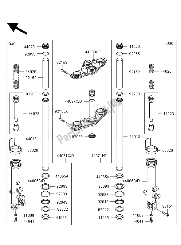 Alle onderdelen voor de Voorvork van de Kawasaki ER 6F ABS 650 2006