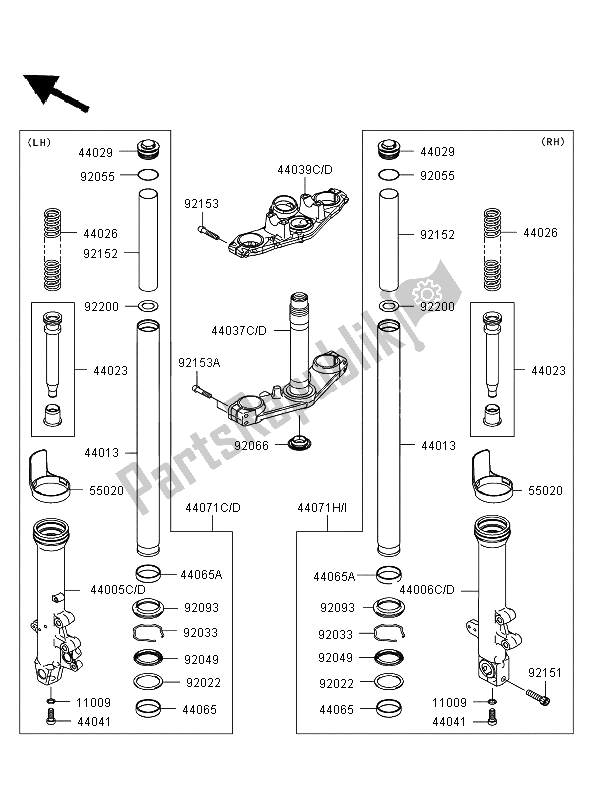 Alle onderdelen voor de Voorvork van de Kawasaki ER 6F ABS 650 2006