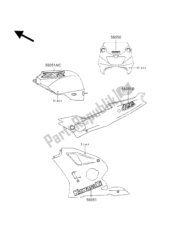 Alle onderdelen voor de Stickers (zwart) van de Kawasaki ZXR 400 1998