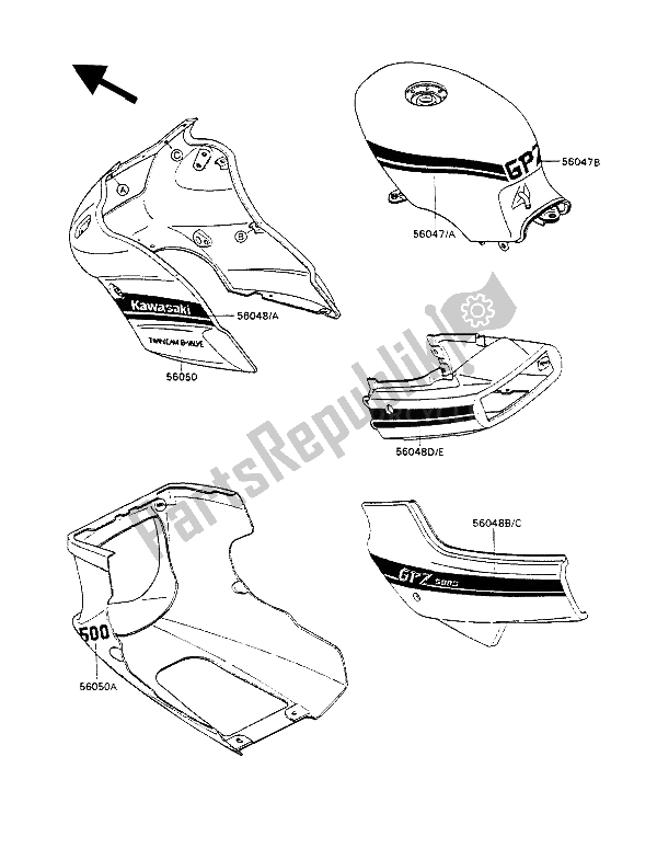 Wszystkie części do Kalkomanie (bia? E) Kawasaki GPZ 500S 1988