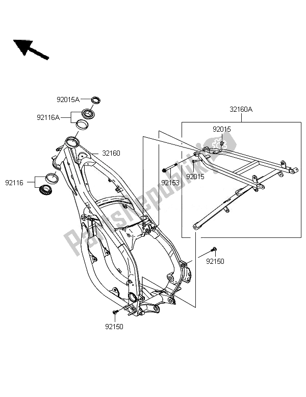 All parts for the Frame of the Kawasaki KX 250 2007