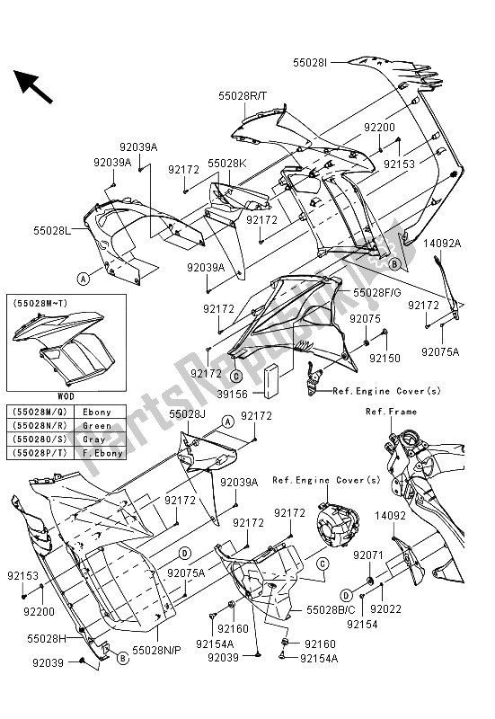 All parts for the Cowling (center) of the Kawasaki Z 1000 SX 2013
