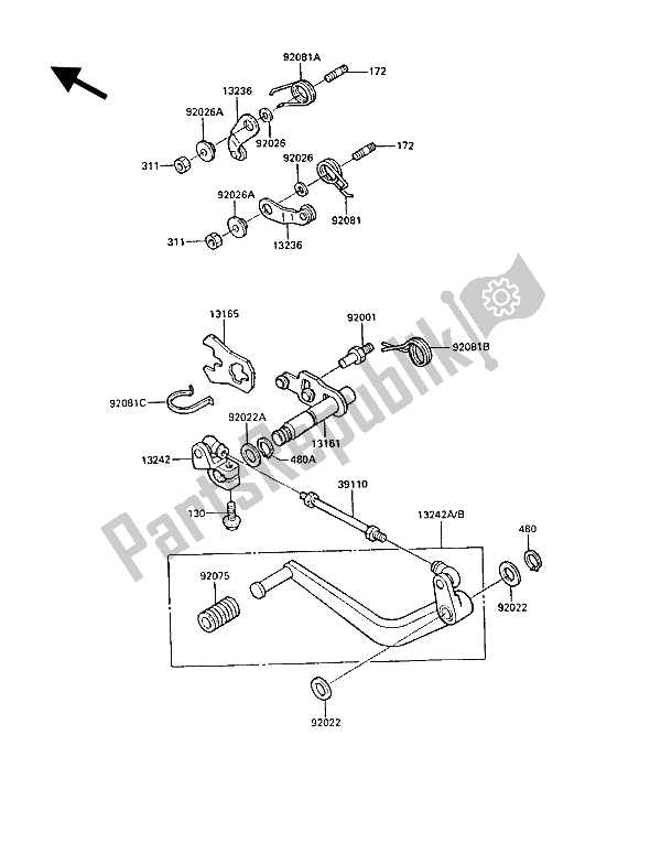 All parts for the Gear Change Mechanism of the Kawasaki GPZ 900R 1986