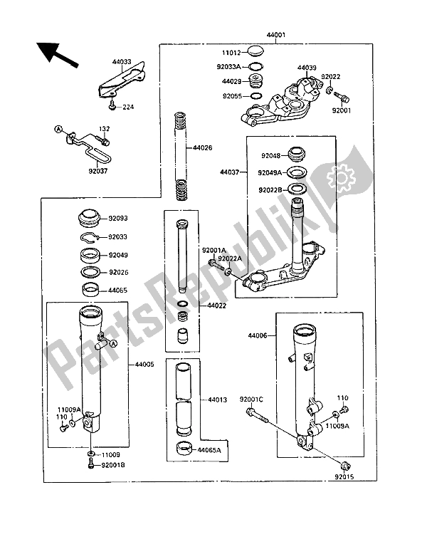 Tutte le parti per il Forcella Anteriore del Kawasaki EL 250 1988