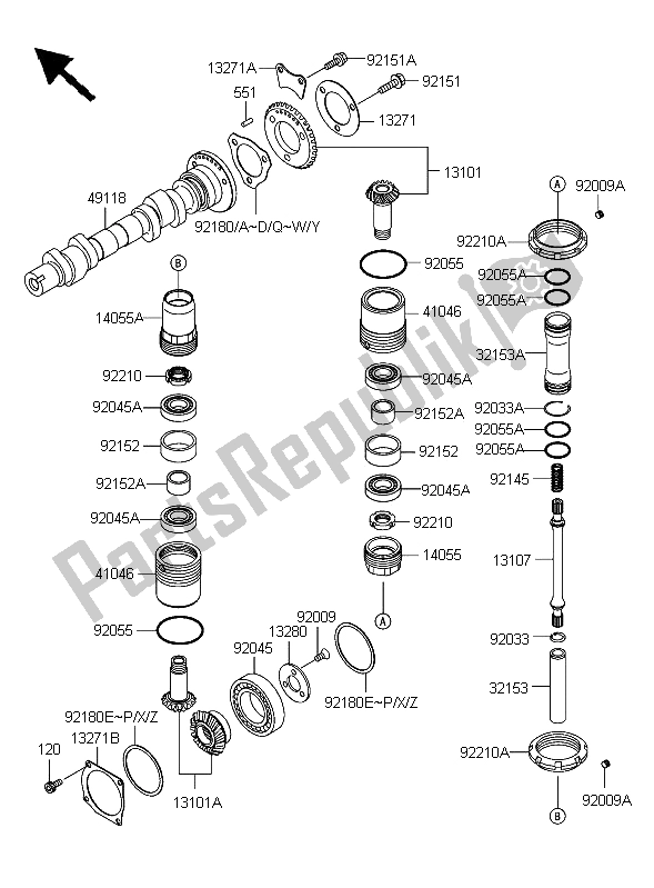 All parts for the Camshaft & Bevel Gear of the Kawasaki W 650 2006