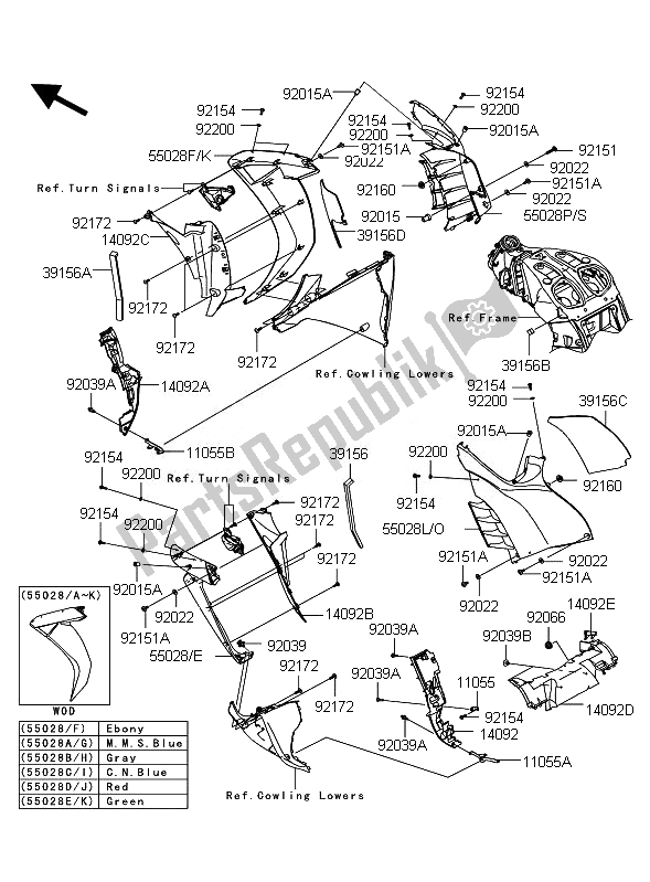 All parts for the Cowling Center of the Kawasaki 1400 GTR ABS 2011