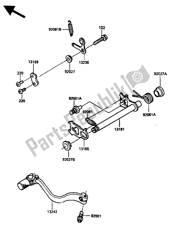 All parts for the Gear Change Mechanism of the Kawasaki KX 500 1985