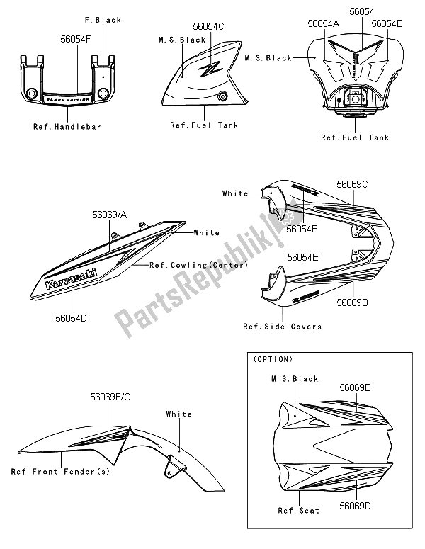 Tutte le parti per il Decalcomanie (nero) del Kawasaki Z 1000 ABS 2013