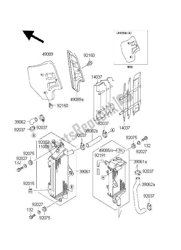 Alle onderdelen voor de Radiator van de Kawasaki KX 500 2003