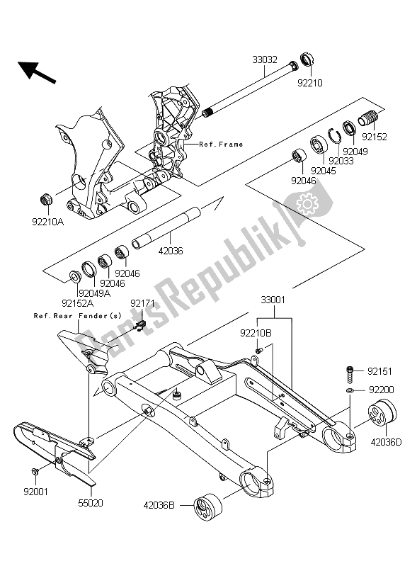 All parts for the Swingarm of the Kawasaki Z 1000 2012