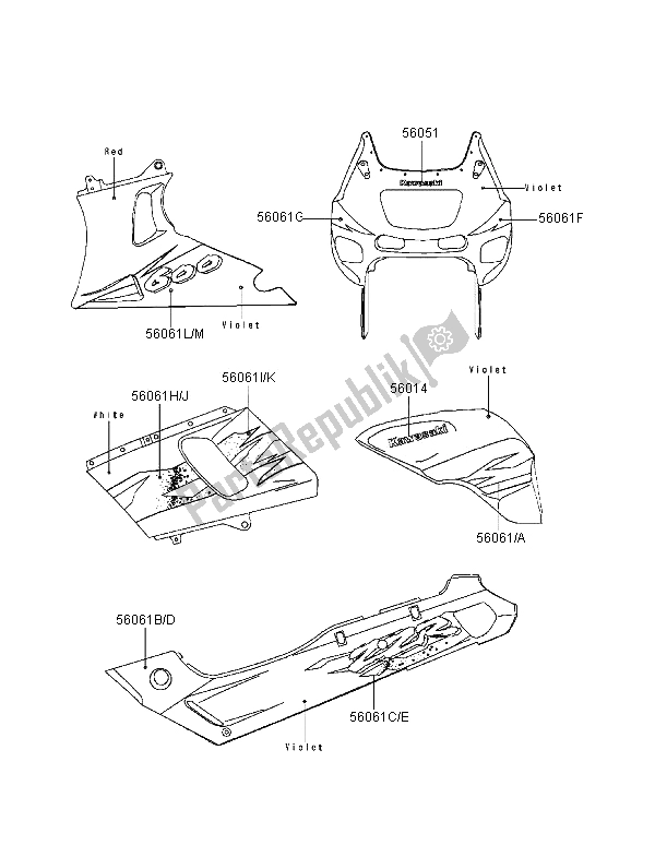 All parts for the Decals (violet) of the Kawasaki ZZR 600 1995