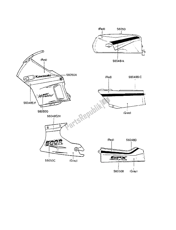 Todas las partes para Calcomanías (rojo - Pistolas De Bronce) de Kawasaki GPX 600R 1989