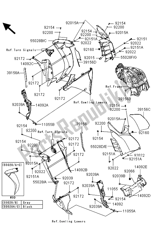 Alle onderdelen voor de Motorkap (midden) van de Kawasaki 1400 GTR ABS 2013