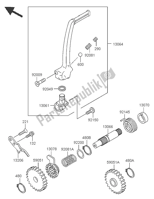 All parts for the Kickstarter Mechanism of the Kawasaki KX 65 2005