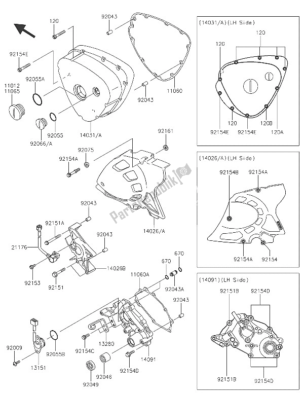 Alle onderdelen voor de Linker Motorkap (pen) van de Kawasaki W 800 2016