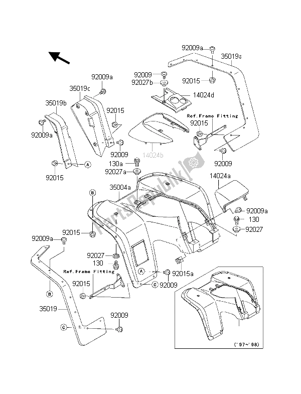 All parts for the Front Fender of the Kawasaki KLF 300 2001