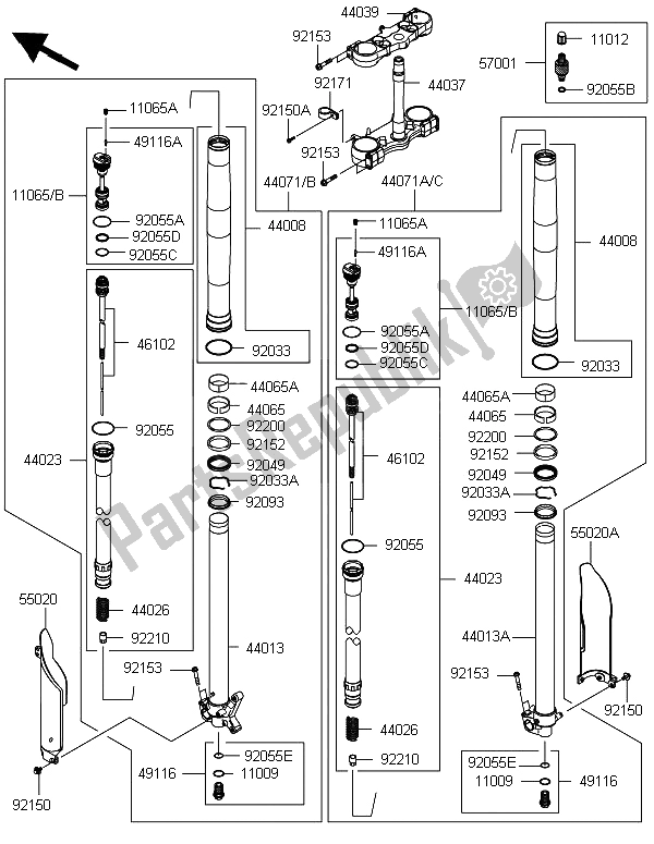 All parts for the Front Fork of the Kawasaki KX 450 2013