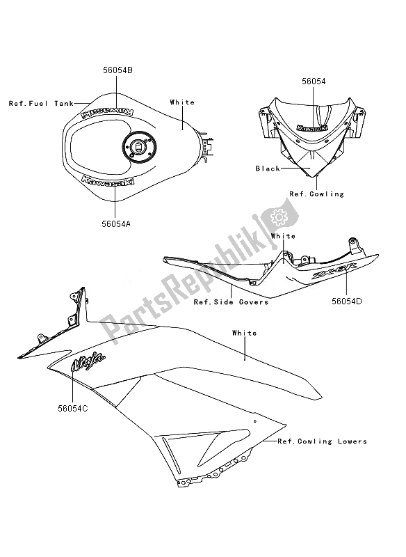 All parts for the Decals (white) of the Kawasaki Ninja ZX 6R 600 2010