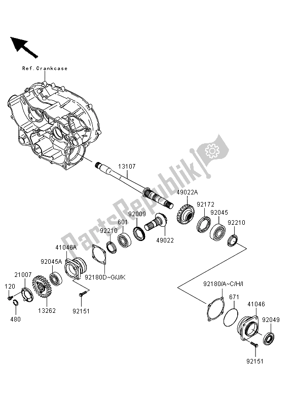 All parts for the Front Bevel Gear of the Kawasaki KVF 360 4X4 2011