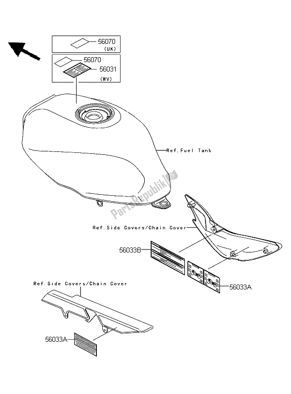 Alle onderdelen voor de Etiketten van de Kawasaki ER 5 500 2004