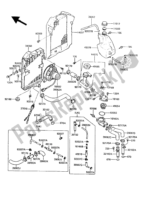 Alle onderdelen voor de Radiator van de Kawasaki LTD 450 1989
