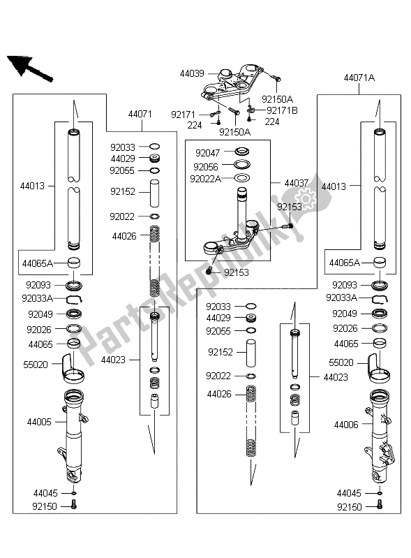 All parts for the Front Fork of the Kawasaki Ninja 250R 2009