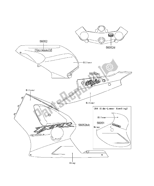 Tutte le parti per il Decalcomanie (argento) del Kawasaki Ninja ZX 12R 1200 2001