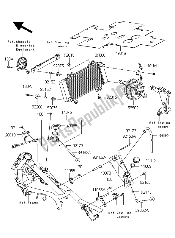 All parts for the Radiator of the Kawasaki Ninja 250R 2009