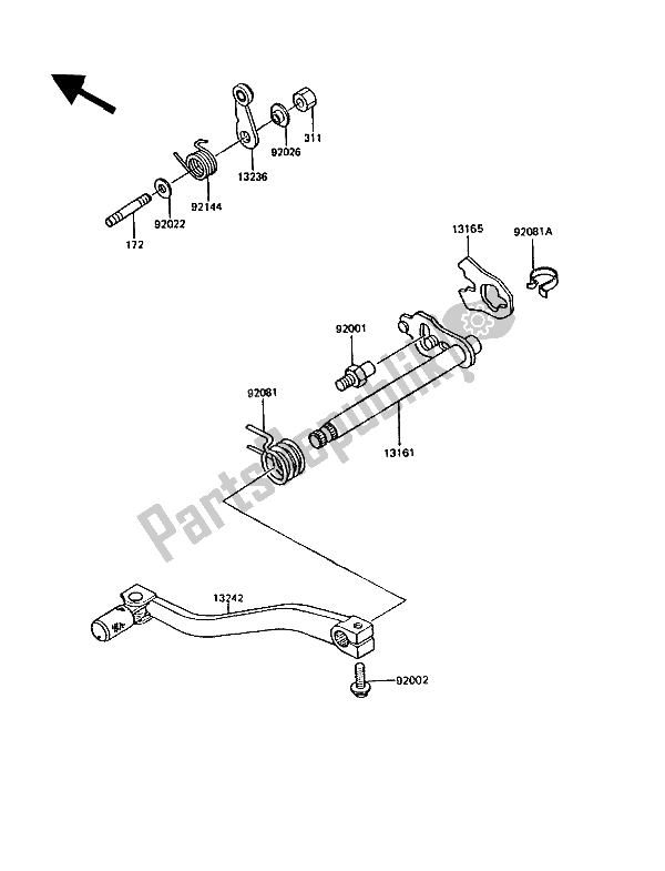 All parts for the Gear Change Mechanism of the Kawasaki KMX 200 1989