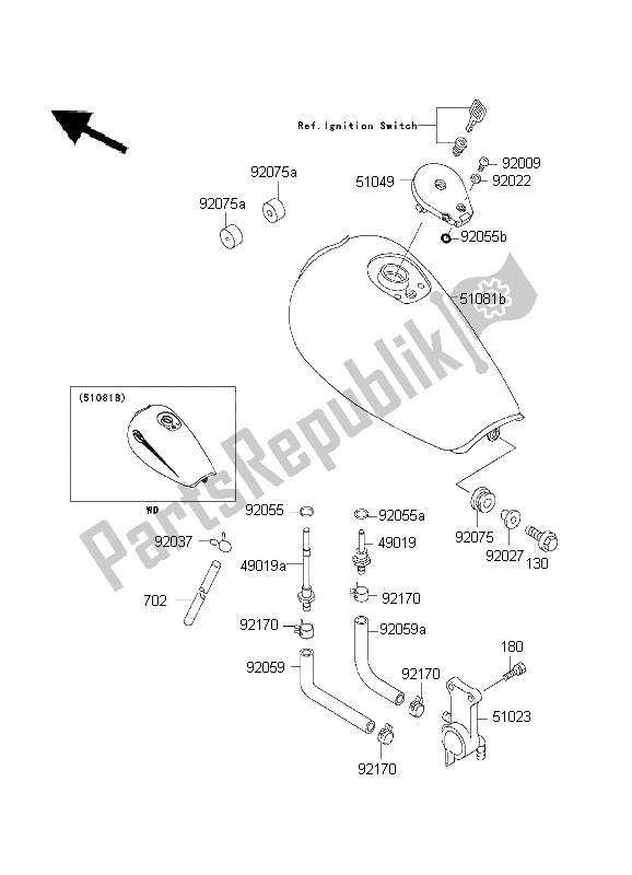 All parts for the Fuel Tank of the Kawasaki EL 252 2001