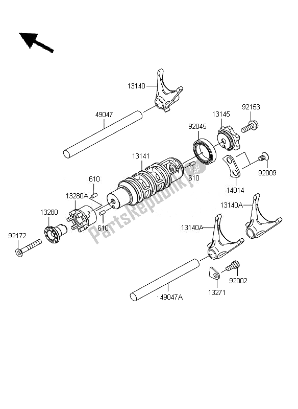 Alle onderdelen voor de Versnelling Veranderen Drum & Schakelvork van de Kawasaki ER 6F ABS 650 2011