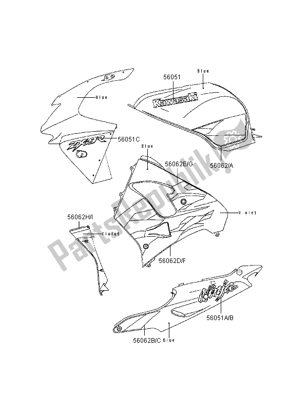Todas as partes de Decalques (azul) do Kawasaki Ninja ZX 9R 900 1999