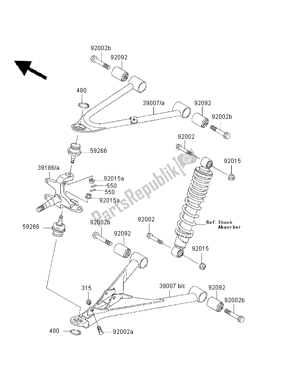 Alle onderdelen voor de Voorvering van de Kawasaki KLF 300 2000