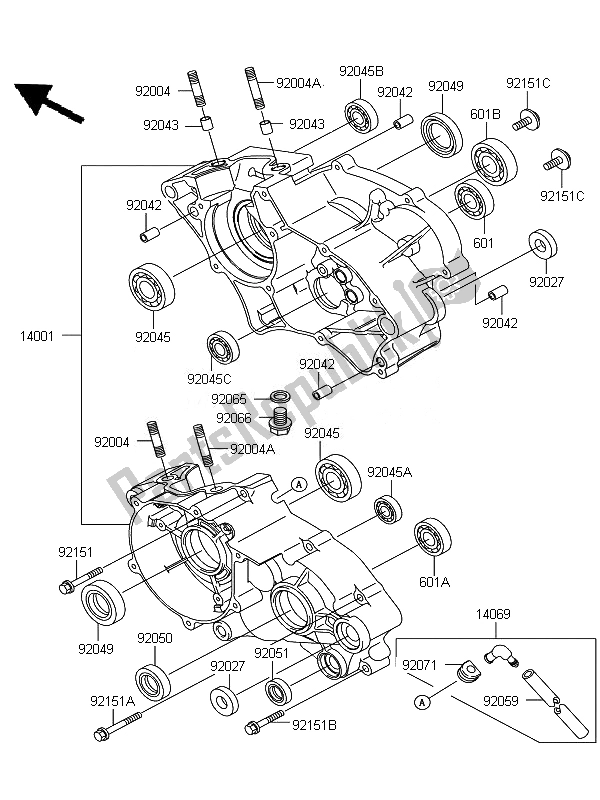 All parts for the Crankcase of the Kawasaki KX 65 2010