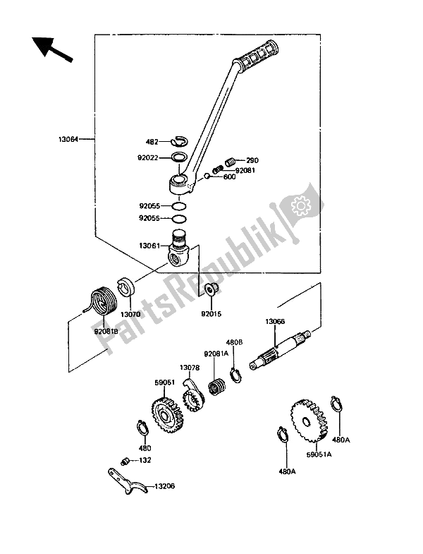 All parts for the Kickstarter Mechanism of the Kawasaki KMX 125 1990