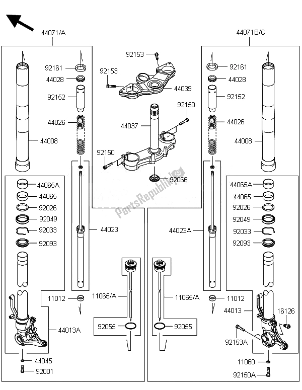 All parts for the Front Fork of the Kawasaki ZX 1000 SX 2014