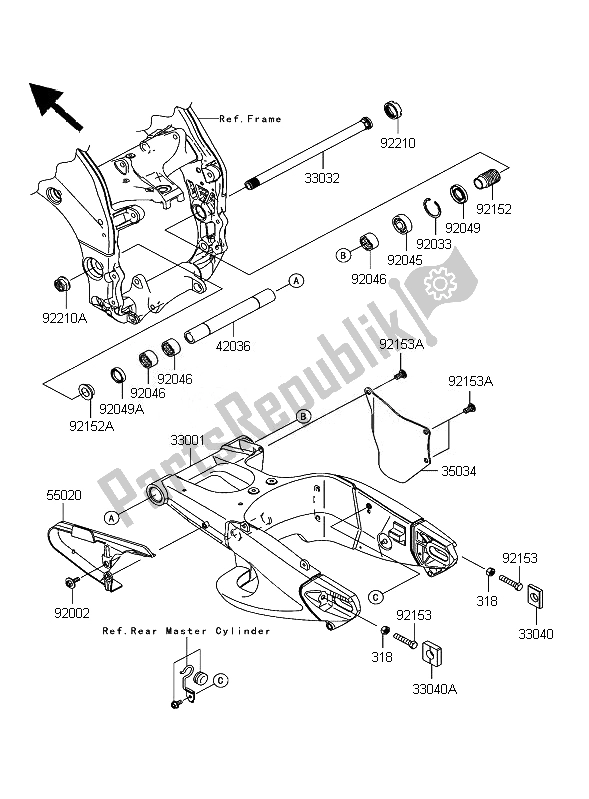 All parts for the Swingarm of the Kawasaki Ninja ZX 10R 1000 2007