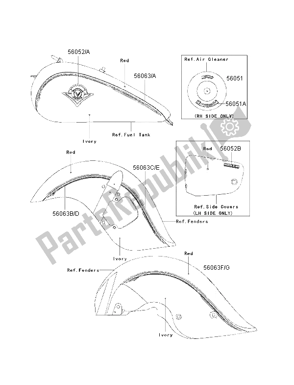 All parts for the Decals (red-ivory) of the Kawasaki VN 1500 Drifter 2001