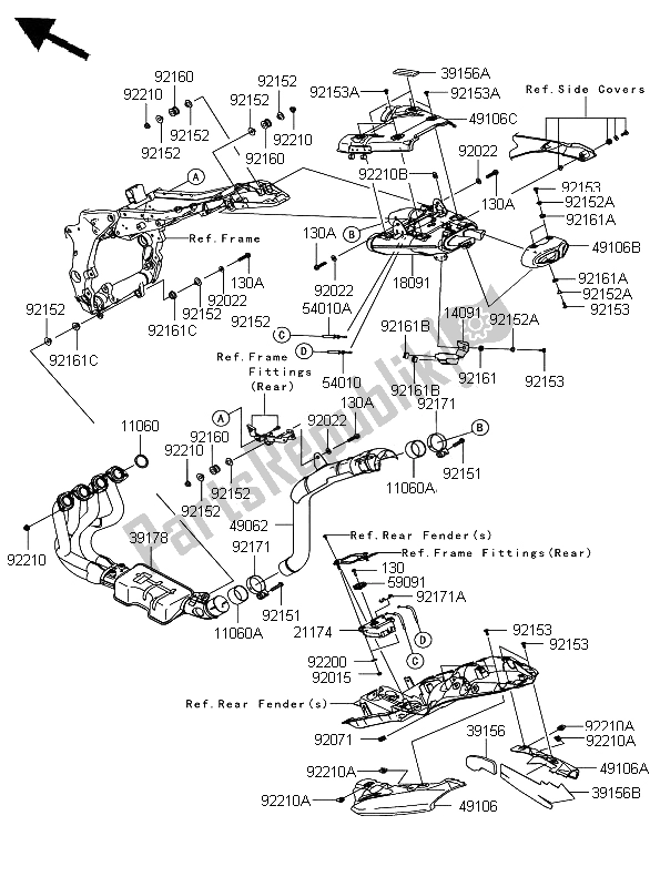 All parts for the Muffler of the Kawasaki Ninja ZX 6R 600 2008