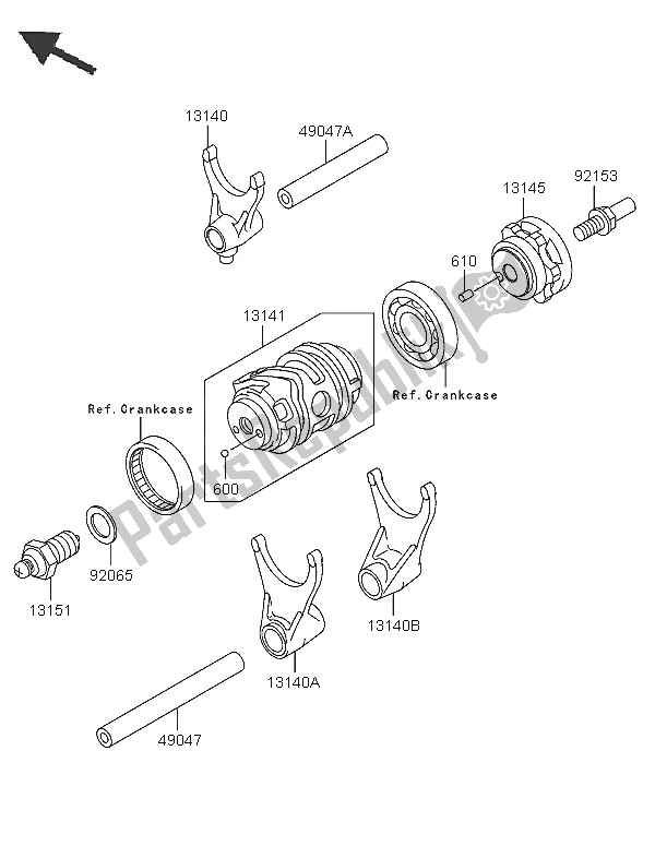 All parts for the Gear Change Drum & Shift Fork of the Kawasaki KX 250F 2005